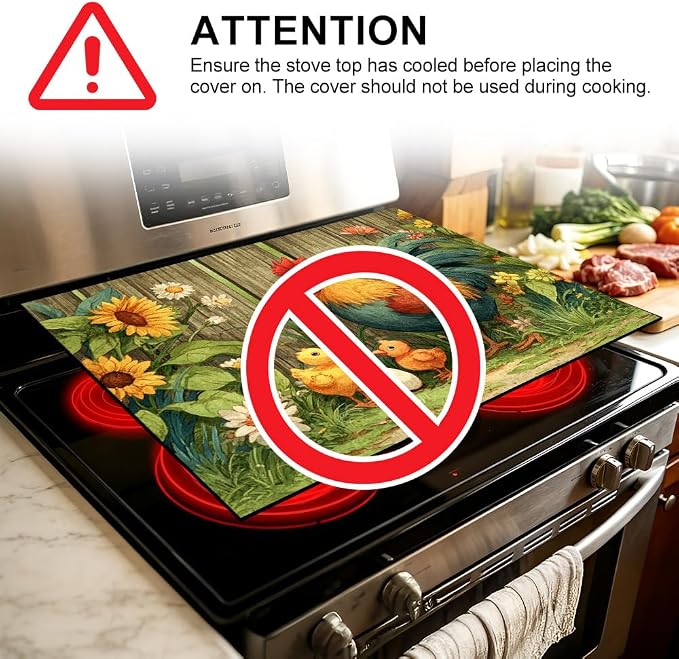 Farmhouse Rooster Stove Top Cover 28.35x20.47 in Non Slip | Heat Resistant Cooktop Protector Mat with Non-Slip Backing, Scratch Protection and Countertop Drying Mat.