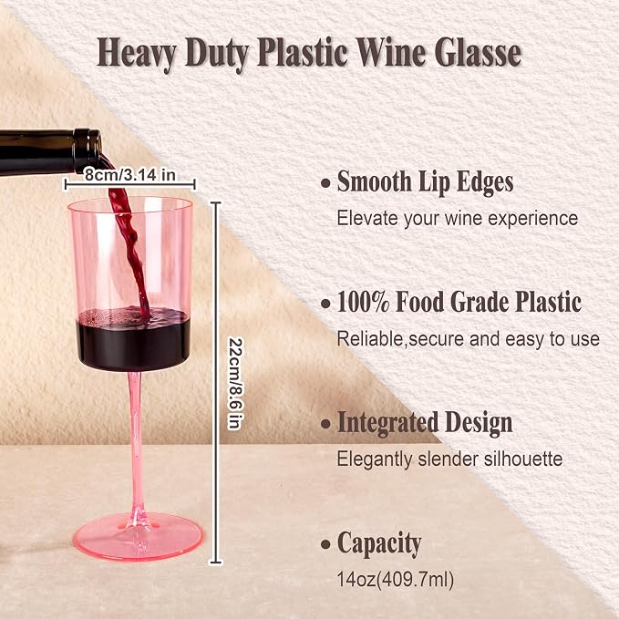 Ciaell 12 Pack Pink Plastic Wine Glasses for Weddings Outdoor Gatherings | 14 oz Pink Stemmed Cups, Heavy Duty Plastic, Wine Champagne Cocktails Beverages for Parties Birthdays Anniversaries