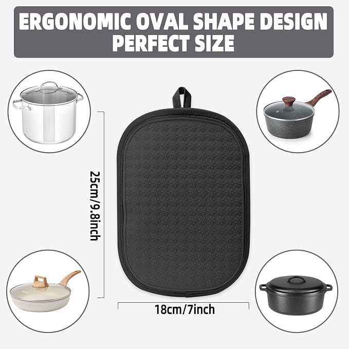 Hovico 2PCS Silicone Pot Holders, Oven Mitts Heat Resistant Hot Pads with Pockets, Non Slip Pot Holder for Kitchen Baking and Cooking| 9.8 x 7 Inches | Towel Cloth Interior Lining - Black