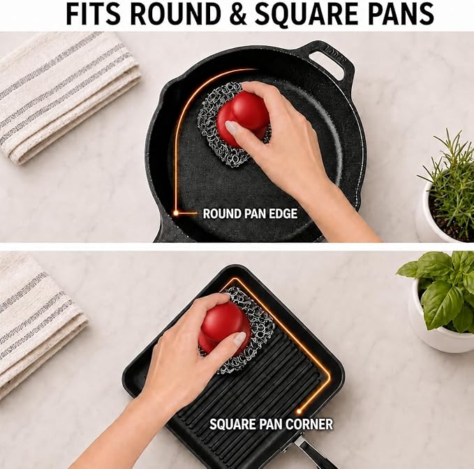 Cast Iron Scrubber and Scraper | 316 Chainmail Scrubber for Cast Iron Pan | Chain Mail Scrubber for Cast Iron Skillet Cleaner | Dishes Pots Wok Griddle Grill | Dish Scouring Pad Dishwasher Safe, Red1