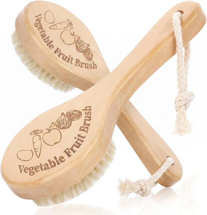 Vegetable Brush Set of 2, Natural Wooden Potato Scrubber for Cleaning