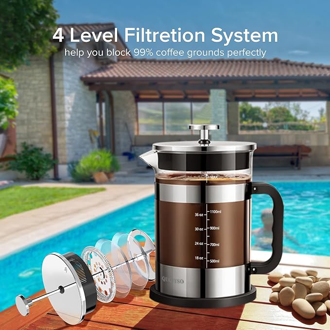 QUQIYSO French Press Coffee Maker 51oz, Large French Press, Thickened Glass | Borosilicate Glass Plastic Free Coffee Maker, Easy to Clean,4 Filter, Coffee Press Suitable for Kitchen Party Camping(Silver)