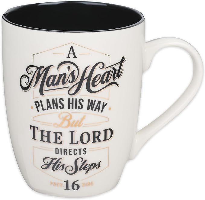 Christian Art Gifts Inspirational Ceramic Coffee & Tea Scripture Mug for Men: A Man's Heart Encouraging Bible Verse Proverb, Novelty Drinkware, Golden Foil Accents, White & Black, 12 oz.