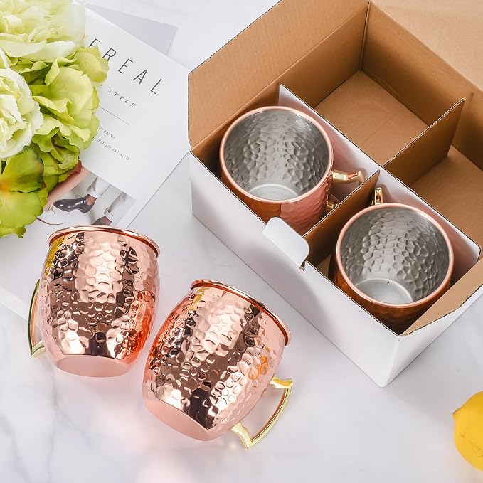 Amrules 4 Pcs 16oz Moscow Mule Mugs Hammered with Angled Handle, Copper | 304 Stainless Steel Lining, Delicate Hammered Finish, Firm Handle, for Cold Drinks, Cocktails, Wine, Beer, Bars & Parties