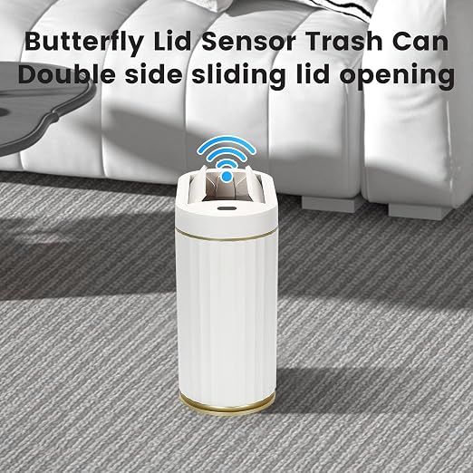 SYNCVIBE Bathroom Sensor Trash Can, 2 Gallon, Butterfly Lid, White Gold | Automatic Garbage Can, IPX5 Waterproof Slim Trash Bin, Under-Counter Wastebasket for Bedroom, Ling Room and Kitchen
