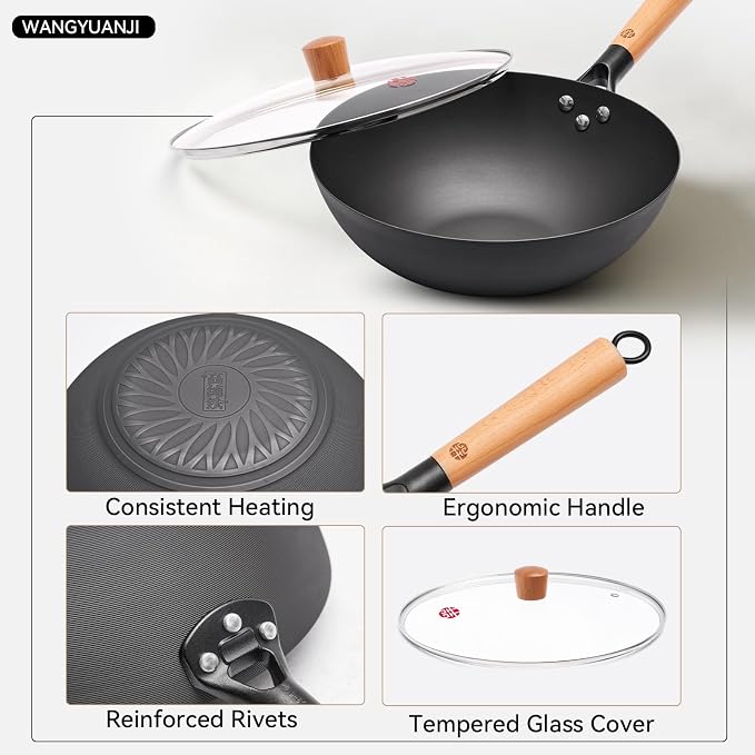 WANGYUANJI 11.8" High Purity Iron Wok Pan,Flat Bottom Stir Fry Pan for Electric,Induction & Gas Stoves,No Chemical Coating Carbon Steel Alternative,Traditional Hand-Hammered Skillet for Cooking