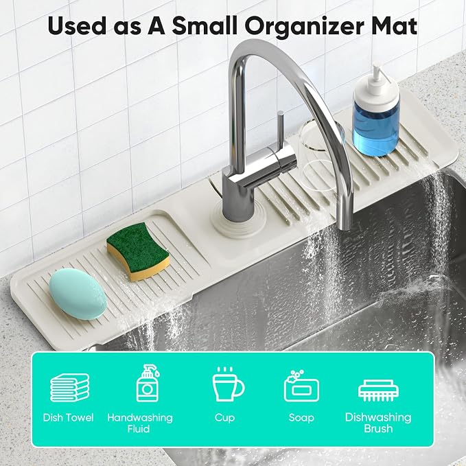 24'' Faucet Mat for Kitchen Sink [5°Slope Fast Self-draining] Faucet Mat Kitchen Sink Splash Guard Silicone Sink Faucet Mat Splash Guard Kitchen Sink Area Tidy Splash Faucet Guard Draining Mat-Beige