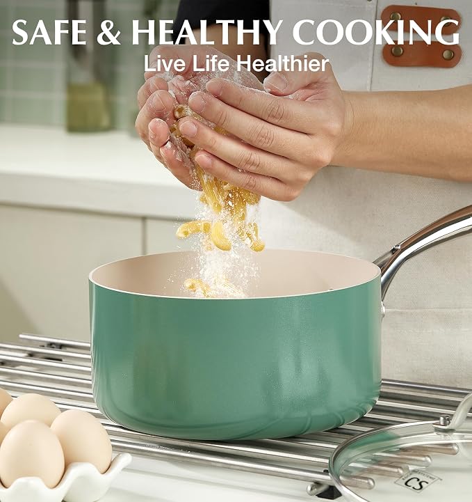 KOCH SYSTEME CS 1 Quart Saucepan with Lid, Nonstick Small Sauce Pan with Lid, PFAS-FREE Ceramic Saucepan for Healthy Cooking, Small Cooking Pots For Home Kitchen, Green