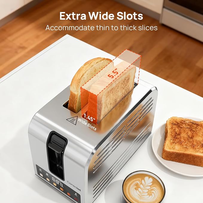 Consciot Smart Touch Screen 2 Slice Toasters with 6 Browning Levels, Timer | Reheat/Defrost/Cancel, Extra-Wide Slots, Removable Crumb Tray, Auto Pop-up & Anti Jam, Peak 925W, Full Stainless Steel Body
