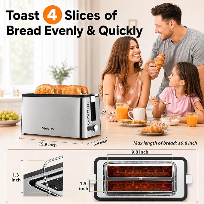 Mecity 4 Slice Toaster, Long Slot Toaster With Countdown Timer, Bagel/Defrost/Reheat/Cancel Functions,Warming Rack, Removable Tray, 6 Browning Settings, Extra Wide Slots, Stainless Steel, 1300W