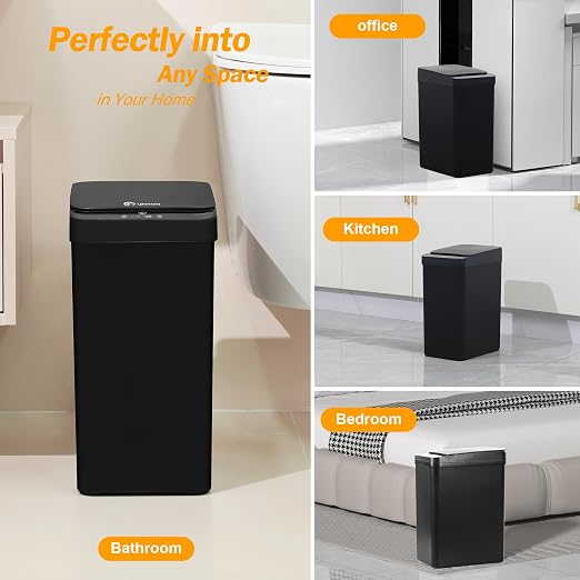 Black Bathroom Trash Can 2.6 Gallon Motion Sensor Trash Cans Automatic Touchless Garbage Bin Small Smart Trash Can for Bathroom,Kitchen, Toilet, Bedroom, RV