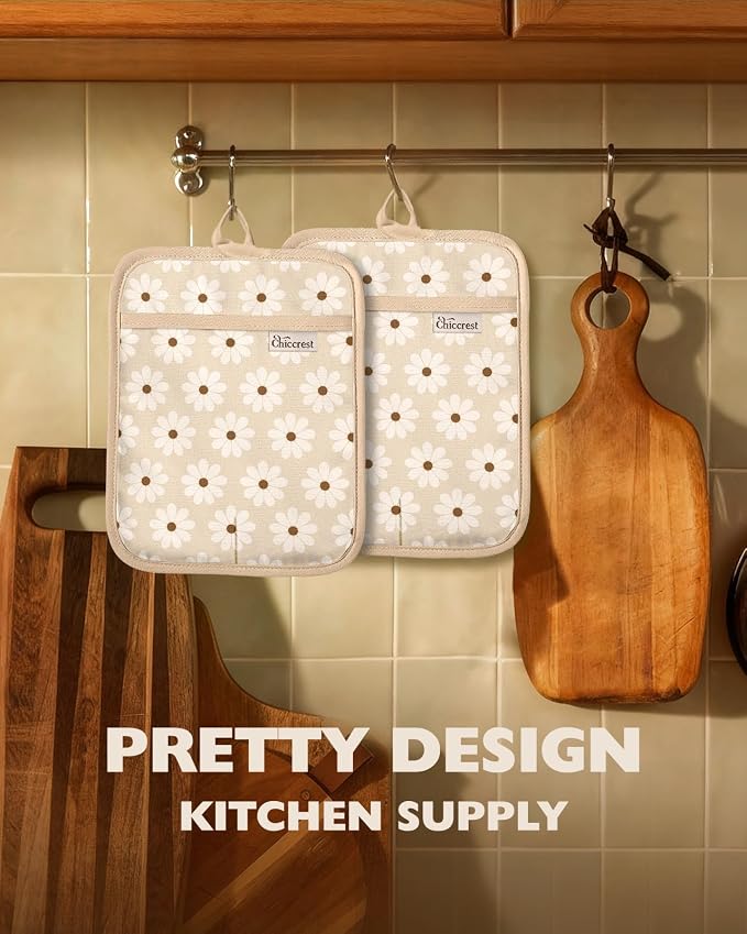 100% Cotton Potholders Textured Soft Silicone Grip Daisy Gingham | Stylish Pot Holders 2pcs, Machine Washable Non-Slip Heat Resistant Hot Pads & Oven Mitts 2-in-1, Practical Kitchen Decor