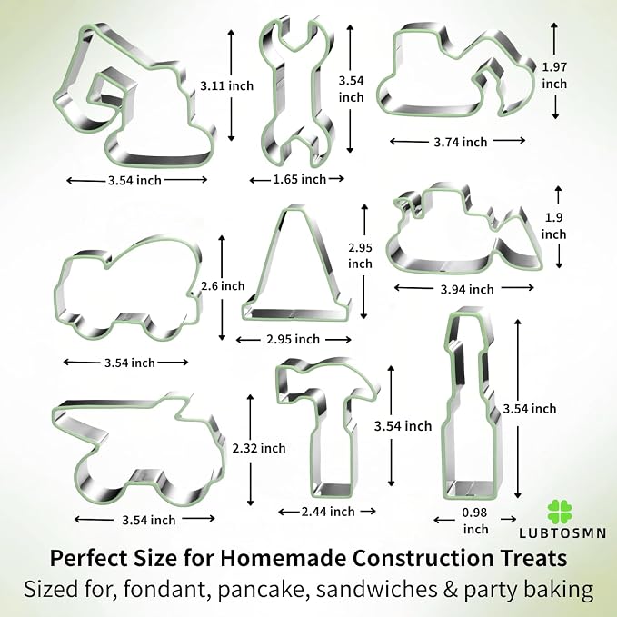 Construction Cookie Cutter Set-3 Inches-9 Piece- Excavator Digger Bulldozer Dump Truck Hammer Wrench Construction Tools Cutters Molds for Kids Construction Themed Party | Dishwasher-safe stainless steel cutters for cookies, fondant, sandwiches, constru...