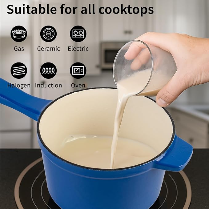 Enameled Cast Iron Sauce Pan with Lid, 1.7 Quart Saucepan with Lid, Small Dutch Oven Pot, Suitable for Small Portions of Soup, Sauces, Oatmeal, Blue
