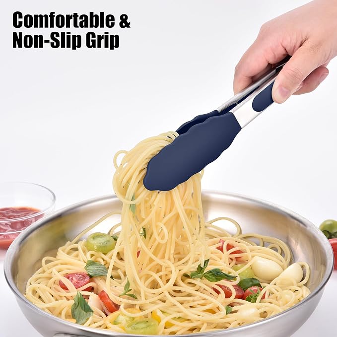 Doosu Kitchen Tongs with Silicone Tips for Cooking Serving (7in, Navy Blue) | 600°F Heat Resistant Food Tong, Heavy Duty Stainless Steel Locking Tong for BBQ, Grilling Steak, Salad, Toast, Pasta
