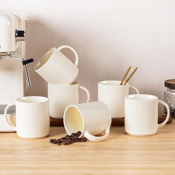 theterra Ceramic Coffee Mugs Set of 6, 14.2 oz Coffee Cups with Handle | Handmade, Suitable for Latte, Tea, Milk, Beer & Hot Cocoa, Beige