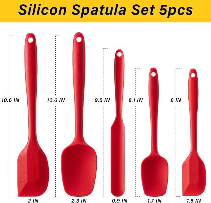 Silicone Spatula Set,5 Piece Food Grade Rubber Spatulas,RED | Spatulas Silicone Heat Resistant for Baking,Cooking,and Mixing High Heat Resistant Non Stick Dishwasher Safe BPA-Free