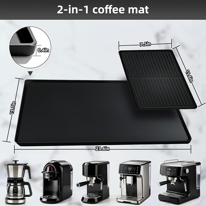 Silicone Coffee Mat, 24''x16'' Coffee Bar Mat with Detachable Dish Drying Mat, Bar Mats for Countertop, Kitchen Espresso Machine Mat, Non-Slip Coffee Maker Pad, Heat Resistant Countertop Protector
