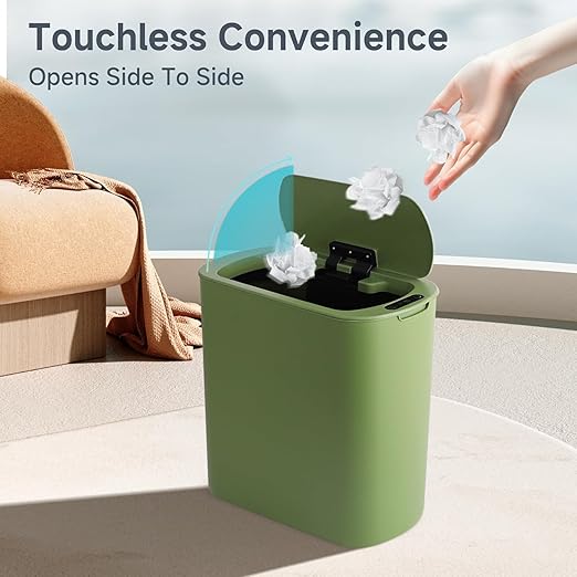 TIPGO 5 Gallon Automatic Bathroom Trash Can with Lid, Green, Touchless | Motion Sensor, Slim Smart Garbage Bin, Plastic Wastebasket, Battery Operated, Manual Button, for Bedroom, Office,RV