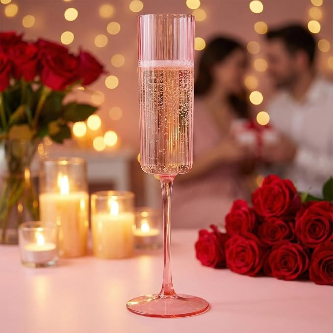 Ciaell 24 Pack Pink Plastic Champagne Flutes for Mimosa Bars | 6 oz Pink Long Stem Vintage Ribbed Mimosa Glasses, Heavy Duty Plastic, Champagne Mimosas Wine Cocktails for Weddings Parties