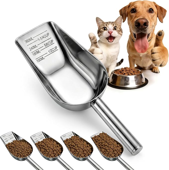 Dog Food Scoop Stainless Steel with Long Handle, Precise Measuring Cups | 1.5, 1 1/4, 1, 3/4, 1/2 Cup, Pet Scoop for Cats, Rabbits, Animals, Metal Spoon for Dog Food Storage (1.5CUP)