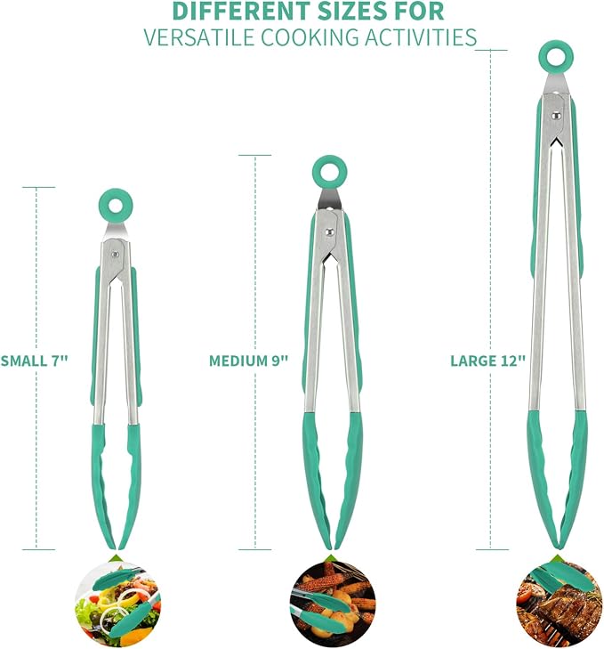 U-Taste Kitchen Tongs for Cooking, 600ºF Heat-Resistant Tps, 3Pcs/Aqua Sky | Silicone Tong Set 7/9/12in, Salad/Grill/BBQ Plastic Tongs for Food Serving, Rubber Thong with 18/8 Stainless Steel Handle