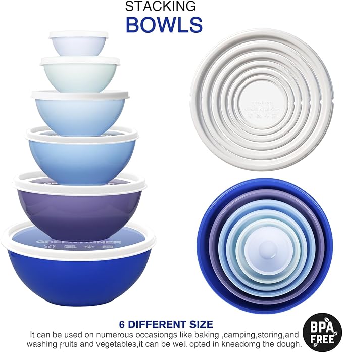 Greentainer Plastic Mixing Bowls with Lids Set for Kitchen, 6 Set Nesting Bowls for Mixing, Baking, Prepping, Cooking and Serving Food, Mixing Bowls Dishwasher, Microwave Safe