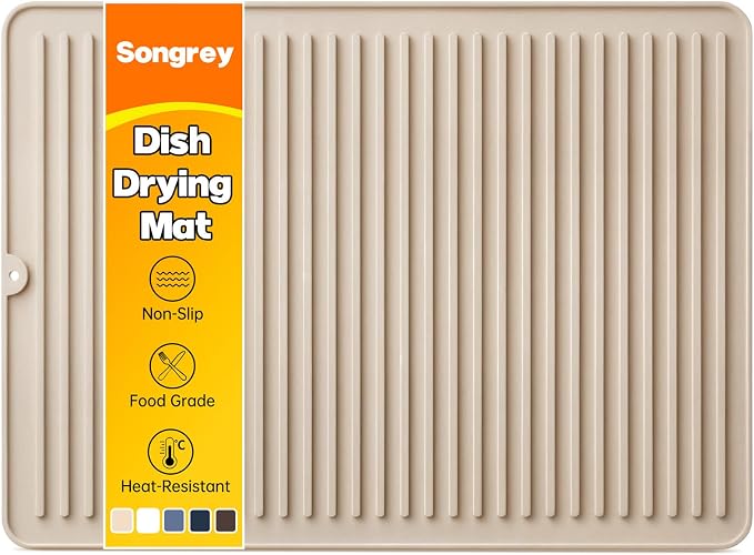 Songrey Silicone Dish Drying Mat for Kitchen Counter, 24" x 18", Beige | Drying Pad for Sink Dishes or Under Rack, Multi-Use as Heat Resistant Trivet, Coffee Bar Mat