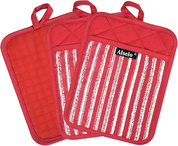 Alselo Silicone Pot Holders Set of 3 Heat Resistant & Non Slip Potholders | Professional Oven Hot Pads with Pockets Mitts for Kitchen Cooking Baking Barbecue (Red, 3)