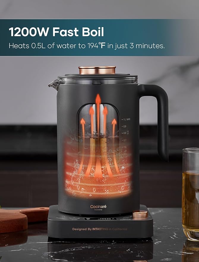 INTASTING Electric Kettle, Electric Tea Kettle with Infuser, 1 Liter | ±1℉ Temperature Control, 1200W Fast Heating, BPA-Free Glass, Easy to Clean, Keep-warm, Auto shut-off, Dark Gray