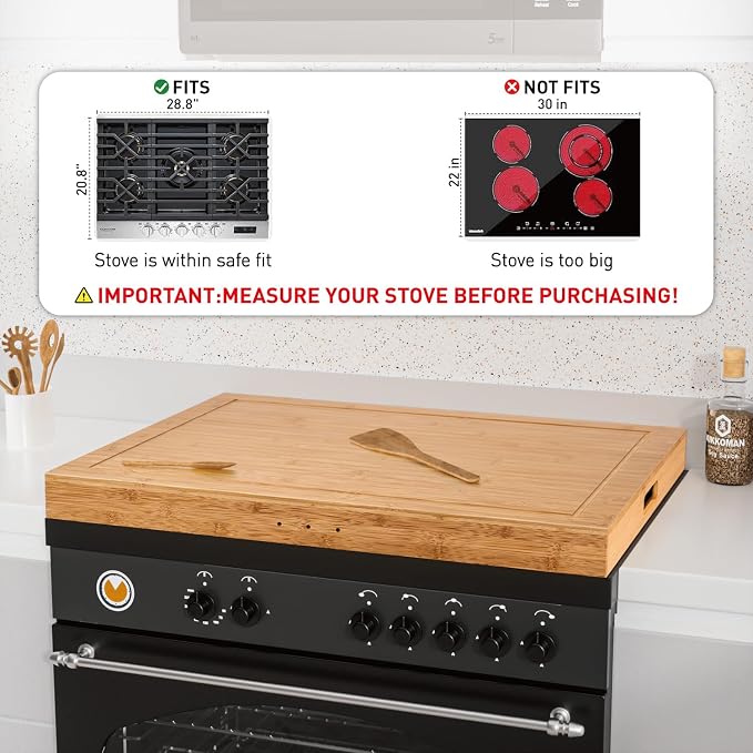 Buruis Bamboo Stove Cover for 28.82 x 20.83 Inch Gas & Electric Stoves | Noodle Board Design with Juice Groove, Extra Counter Space, Built-In Handles, Multi-Purpose Kitchen Serving Board