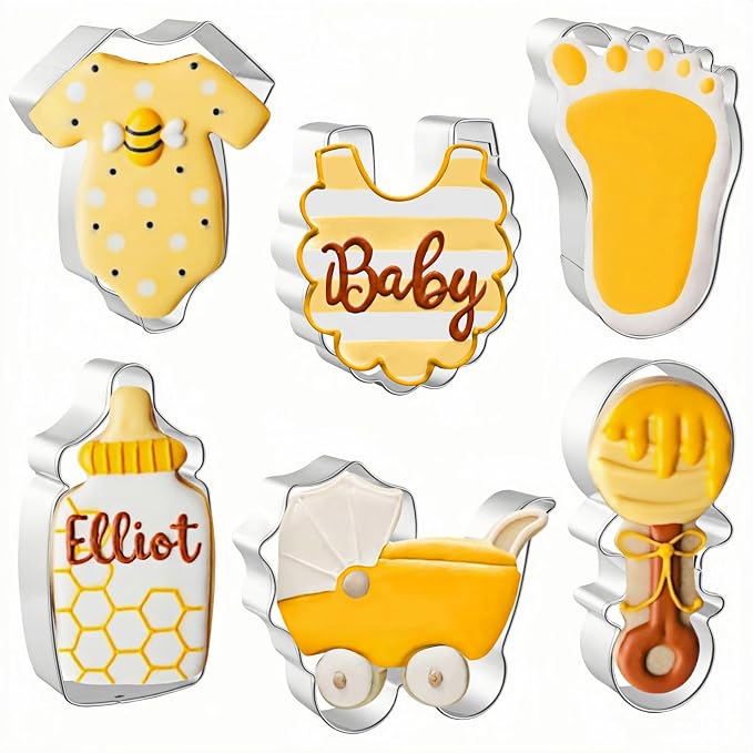 JOB JOL Baby Shower Cookie Cutters 6 PCS | Onesie, Bib, Bottle, Rattle, Carragie, Foot