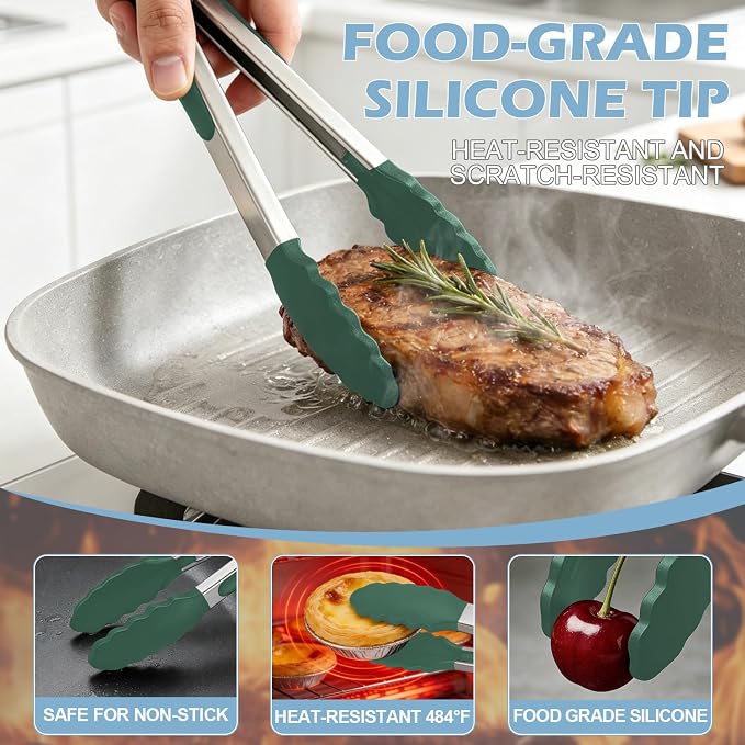 Stainless Steel Kitchen Tongs with Silicone Tips, Locking Grilling Food Tongs, 9" and 12", Set of 2 Dark Green