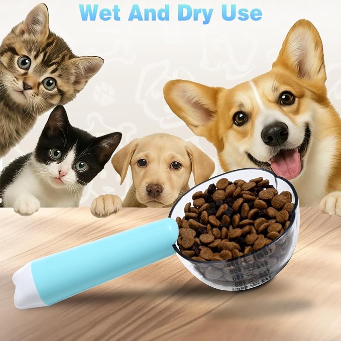 Dog-Cat Food Scoop 1 Cup, Pet Food Measuring Cup with Long Handle, Food-Grade Scoop for Dogs, Rabbit Wet or Dry Food, Easy to Clean & Accurate Scale (Blue)