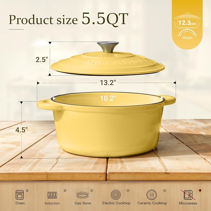 Overmont Enameled Cast Iron Dutch Oven - 5.5QT Pot with Lid Cookbook & Cotton Potholders - Heavy-Duty Cookware for Braising, Stews, Roasting, Sourdough Baking Goose Yellow