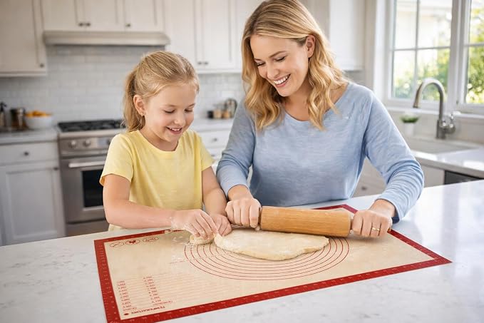 Silicone Pastry Mat with Measurements, 28 x 20 Inch Extra Thick Non-Slip Nonstick XL Baking Mat for Dough Rolling, Kneading, Fondant and Pie, Red