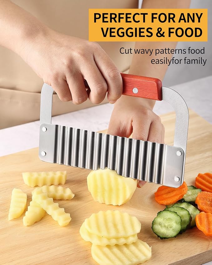 2 Pcs Crinkle Cutter Potato Slicer Wavy Chopping Tool French Fry Veggies | Heavy Duty Wooden Handle Sharp and Deep Waves Crinkle Cutting Set for Carrot Zucchini Pickled Cucumber Dishwasher Safety