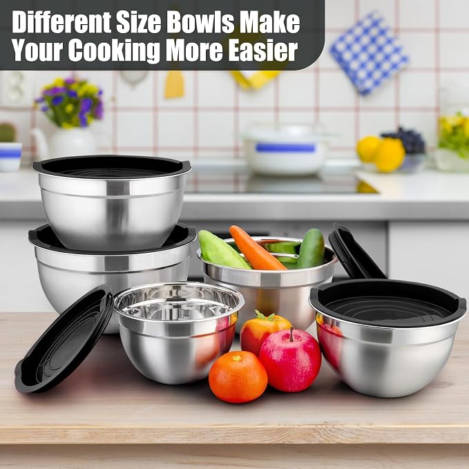 P&P CHEF Metal Mixing Bowls with Lids Set, Airtight Lids & Black | 5 PCS Stainless Steel Mixing Nesting Bowls for Kitchen Prepping, Storing, Healthy & Easy Clean, Size 4.6, 3, 1.5, 1, 0.7 QT