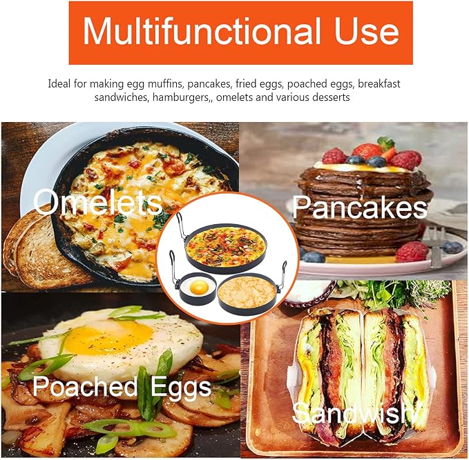 Stainless Steel Egg Cooker Set - 8" Omelette Ring, 6" Pancake Ring, 4" Griddle Egg Ring - Non-stick, Upgrade Large 3 Packs Egg Cooking Rings with Oil Brush & Egg Separator