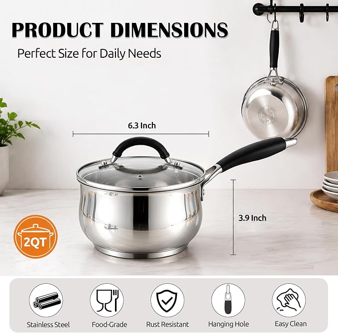 E-far 2 Quart Stainless Steel Saucepan with Lid, Milk Sauce Pot for Kitchen | Multipurpose Small Sauce Pan for Home Cooking, Compatible with All Cooktops, Silicone Handle & Tri-Ply Base, Dishwasher Safe