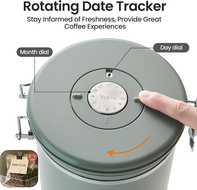 Veken Coffee Canister,39OZ, 2.2lbs,Large Airtight Stainless Steel Container | Date Tracker, Kitchen Food Storage Jars for Beans,Ground, Espresso, Rice,Tea, Sugar, Cereal, Cookie,Gifts, Lids, Scoop, Green