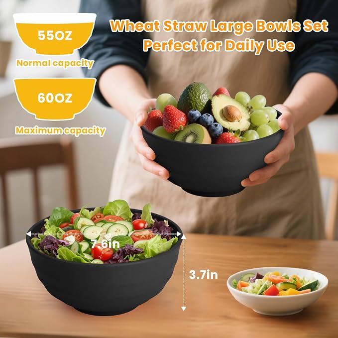 Unbreakable Big Bowl Set of 8: Alternative to Large Plastic Bowls - 60oz Wheat Straw Bowls for Salad, Soup & Cereal, Microwave & Dishwasher Safe for Everyday Use & Picnics - Black
