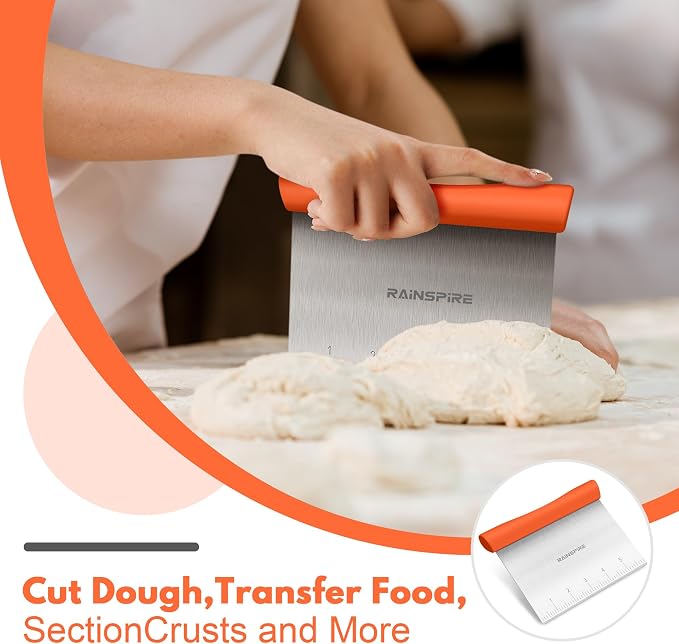 Upgraded 304 Stainless Steel Multi-Purpose Bench Scraper with Measurement Marks, Dishwasher Safe, Dough Cutter for Pizza, Bread and Cookie Dough Vegetable Chopper, Baking Supplies, Orange
