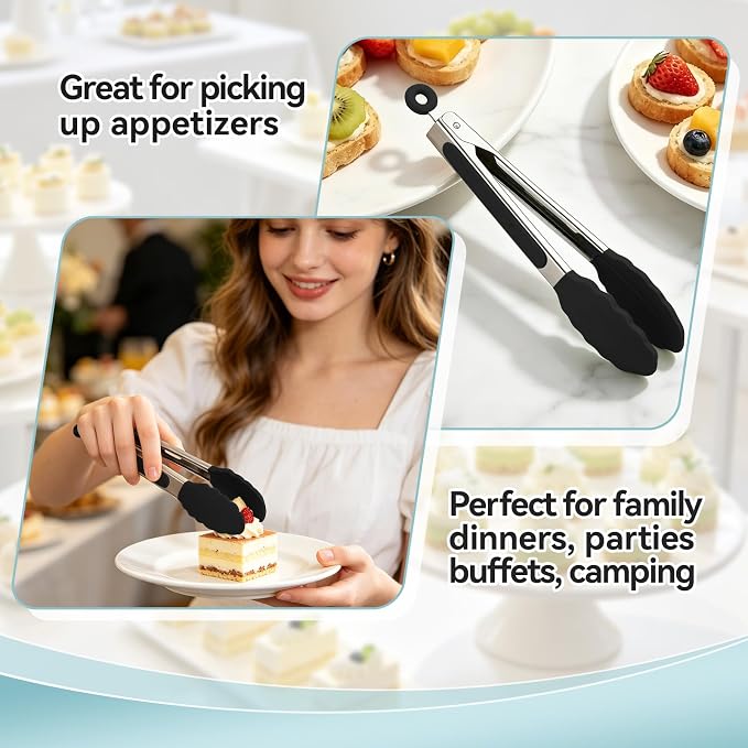 Small Cooking Tongs 7 inch Mini Serving Tongs with Silicone Tips, Set of 3 (Black + Grey + White)