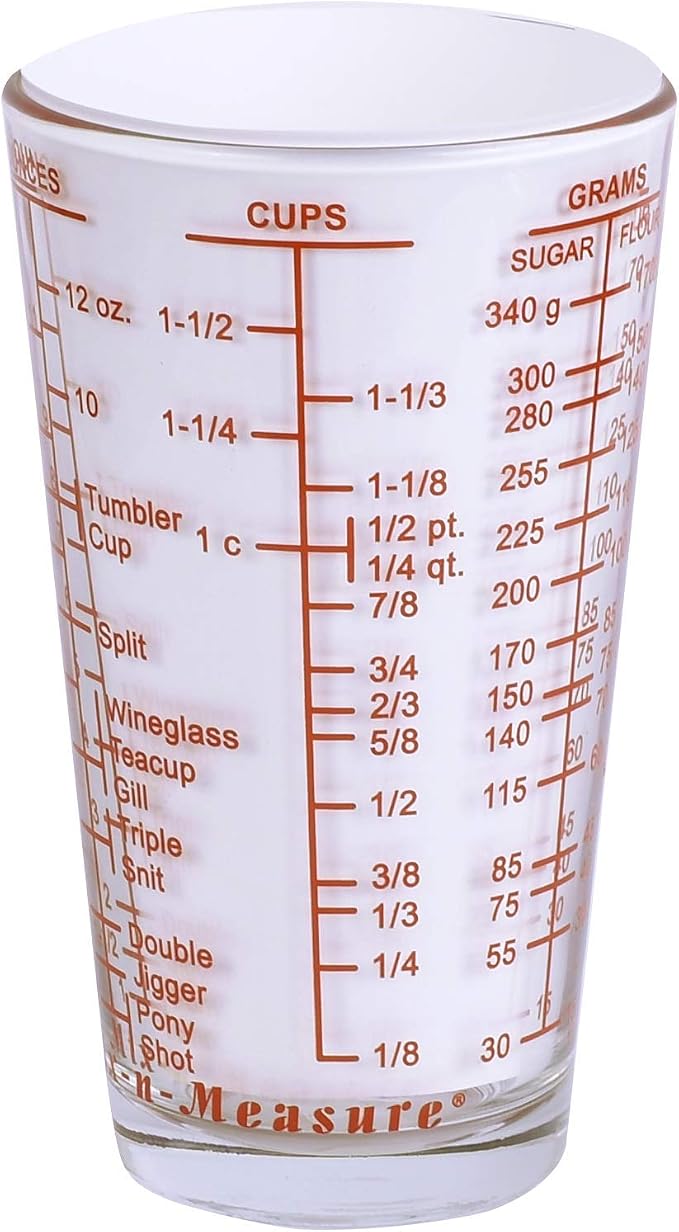 Kolder Mix N Measure Glass, Multi-Purpose Liquid and Dry Measuring Cup, 6 Units of Measurement, Heavy Glass, Red
