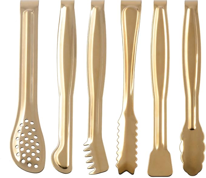 HINMAY Gold Plated Mini Serving Tongs Set 6-Inch Appetizers Tongs, Set of 6 | Stainless Steel Small Sugar Cube Tongs Ice Tongs
