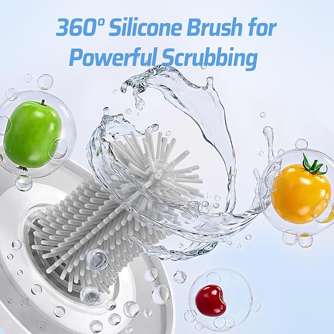 Electric Fruit Washer, Portable Fruit Cleaner Device with OH-Ion Technology | Produce Cleaner with 360° Rotating Silicone Brush & 3-Minute Cycle for Cherries, Grapes, Jujubes, Kumquats & Small Firm Fruit