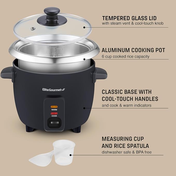 Elite Gourmet ERC003BX Rice Cooker, Keep Warm, Black, 6 Cups Cooked | 3 Cups Uncooked - Also Makes Soups, Stews, Grains and Hot Cereals for Versatile One-Pot Meals