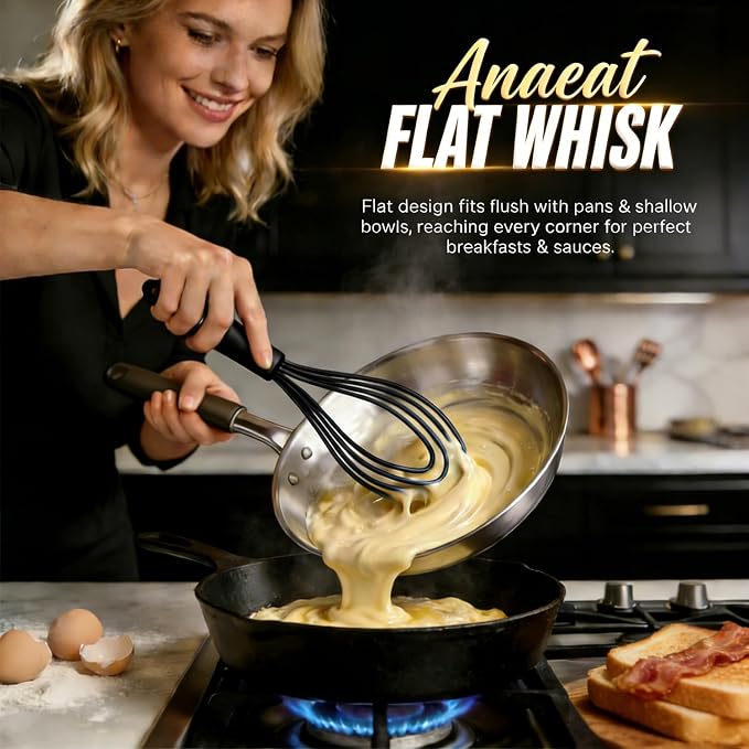 Anaeat Silicone Kitchen Whisk Set of 4, Perfect for Non-Stick Cookware, Egg Beater Milk Blender for Whisking, Cooking, Baking, Beating - 11'' Flat Whisk and 9''+11''+12'' Balloon Whisks (Black)