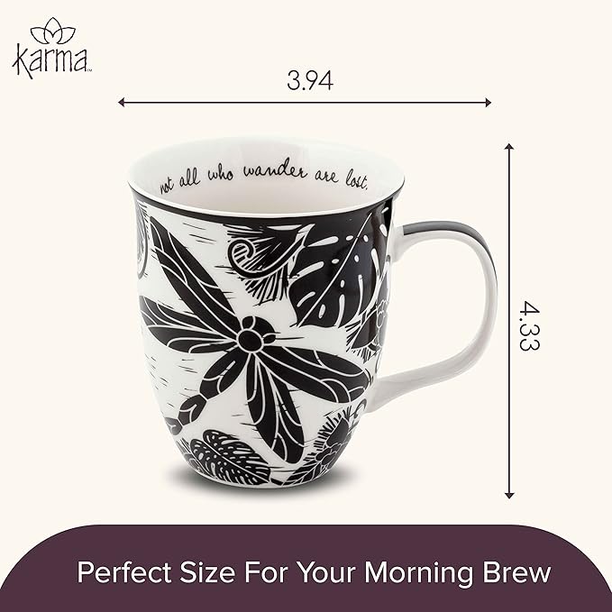 Karma Gifts 14 oz Black and White Boho Mug Dragonfly - Cute Coffee and Tea Mug - Ceramic Coffee Mugs for Women and Men